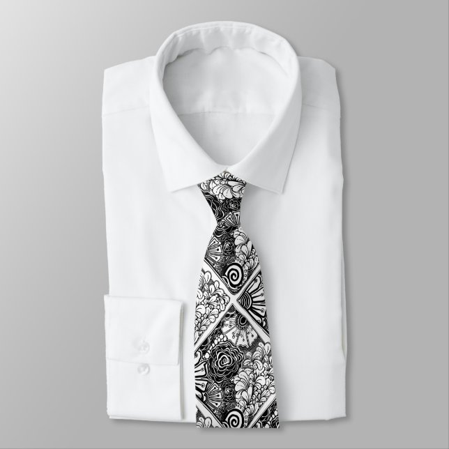 Black And White Zen Floral Patterned Drawing Tie (Tied)