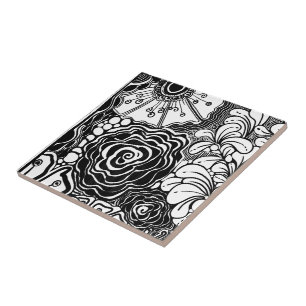 Black And White Zen Floral Patterned Drawing Tile