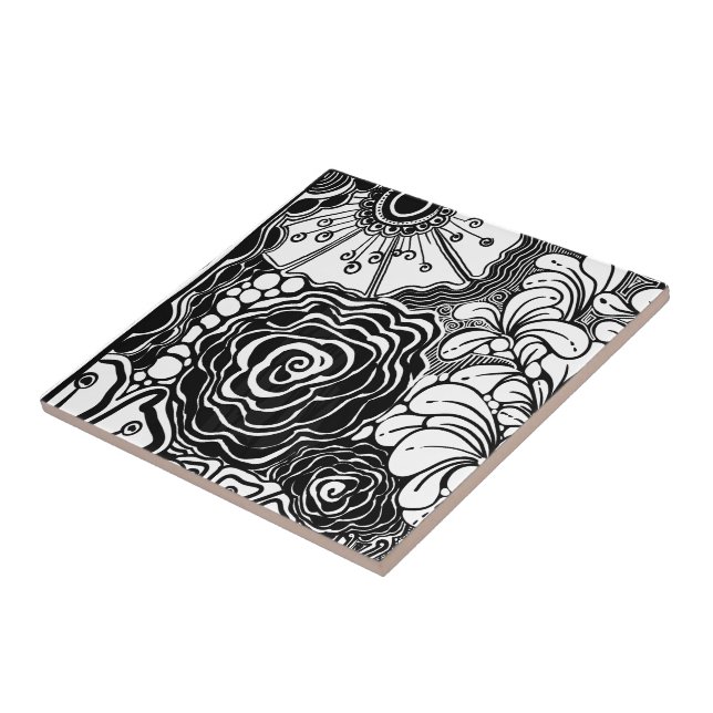 Black And White Zen Floral Patterned Drawing Tile (Side)