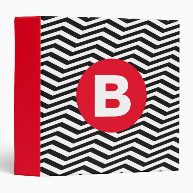 Black and White Zig Zag Pattern Red Monogram Binder (Front/Spine)