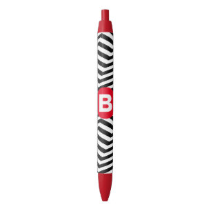 Black and White Zig Zag Pattern Red Monogram Black Ink Pen