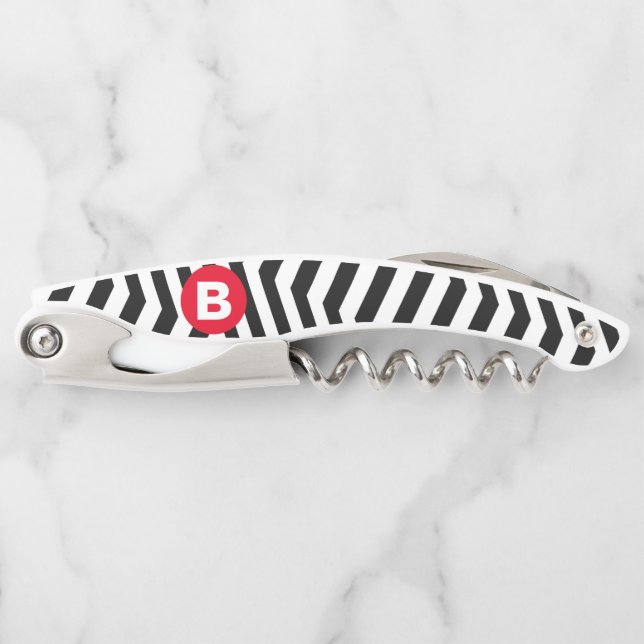 Black and White Zig Zag Pattern Red Monogram Corkscrew (Front)