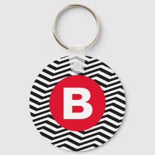 Black and White Zig Zag Pattern Red Monogram Keychain