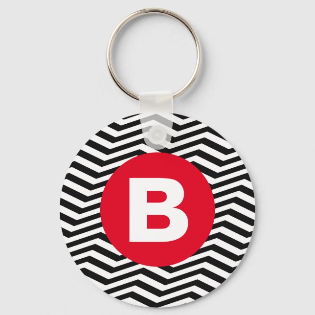 Black and White Zig Zag Pattern Red Monogram Keychain (Front)
