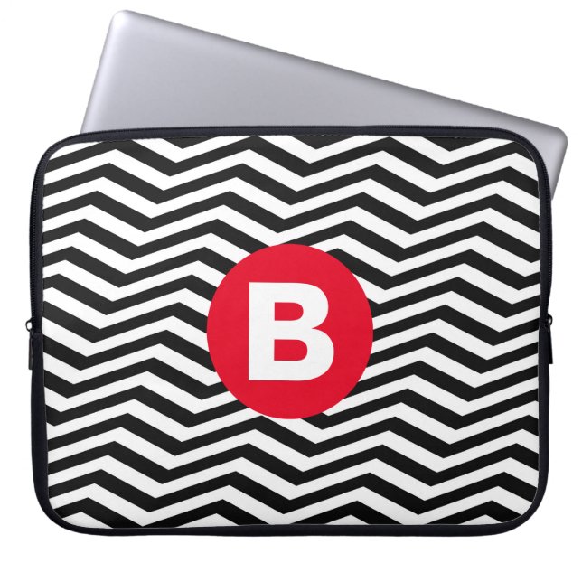 Black and White Zig Zag Pattern Red Monogram Laptop Sleeve (Front)