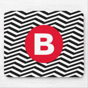 Black and White Zig Zag Pattern Red Monogram Mouse Pad