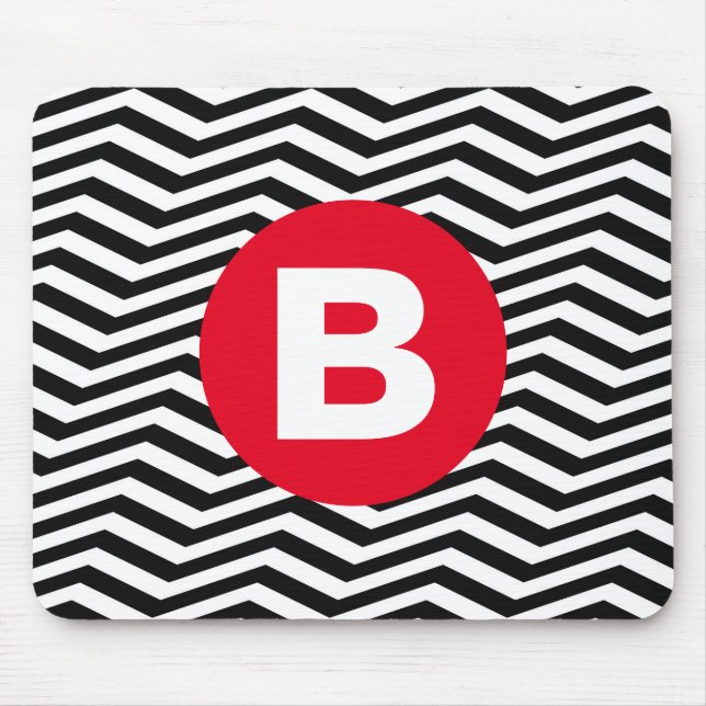 Black and White Zig Zag Pattern Red Monogram Mouse Pad (Front)