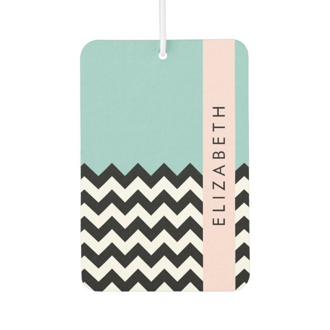 Black and White Zigzag, Chevron, Blue, Your Name Air Freshener (Front)