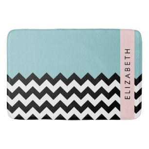 Black and White Zigzag, Chevron, Blue, Your Name Bath Mat