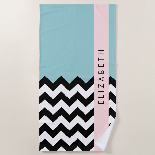 Black and White Zigzag, Chevron, Blue, Your Name Beach Towel (Front)