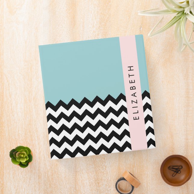 Black and White Zigzag, Chevron, Blue, Your Name Binder (In Situ)