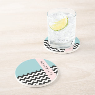 Black and White Zigzag, Chevron, Blue, Your Name Coaster