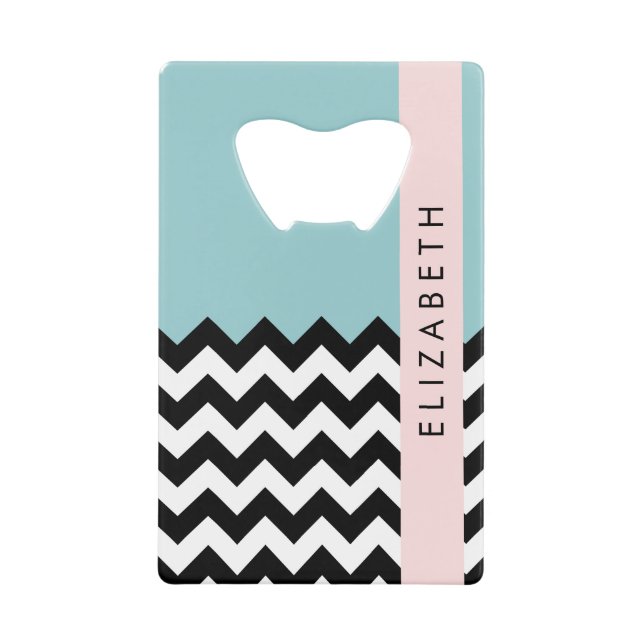 Black and White Zigzag, Chevron, Blue, Your Name Credit Card Bottle Opener (Front)