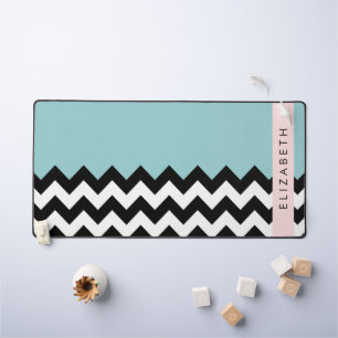 Black and White Zigzag, Chevron, Blue, Your Name Desk Mat