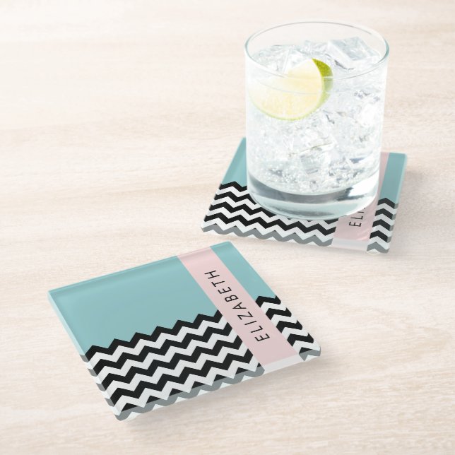 Black and White Zigzag, Chevron, Blue, Your Name Glass Coaster (Angled)