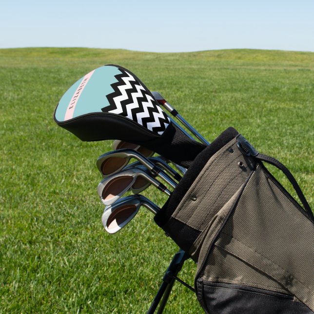 Black and White Zigzag, Chevron, Blue, Your Name Golf Head Cover (In Situ)