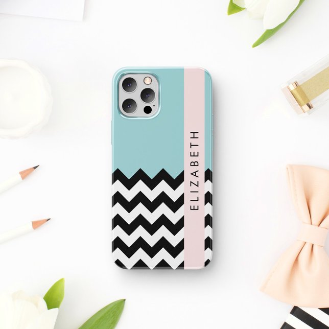 Black and White Zigzag, Chevron, Blue, Your Name iPhone 16 Case (Creator Uploaded)