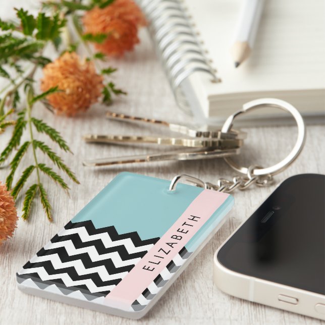 Black and White Zigzag, Chevron, Blue, Your Name Keychain (Front Right)