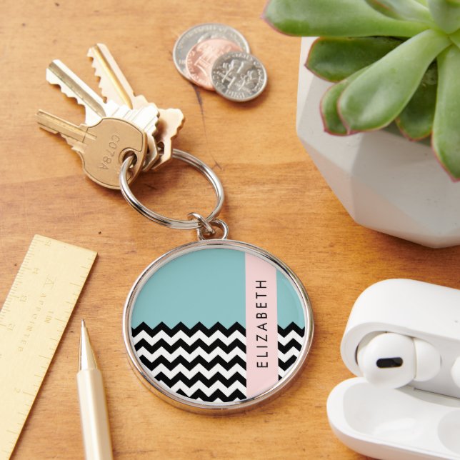 Black and White Zigzag, Chevron, Blue, Your Name Keychain (Desk)