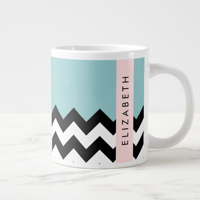 Black and White Zigzag, Chevron, Blue, Your Name Large Coffee Mug (Right)