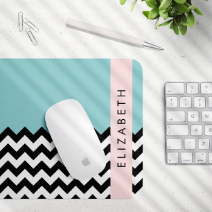 Black and White Zigzag, Chevron, Blue, Your Name Mouse Pad