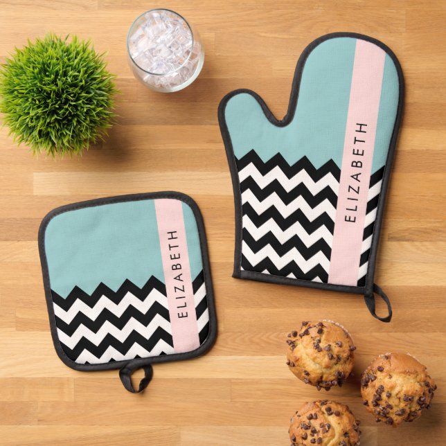 Black and White Zigzag, Chevron, Blue, Your Name Oven Mitt & Pot Holder Set (Top Down)