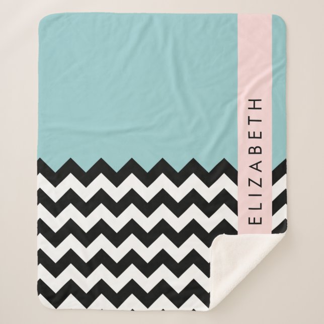 Black and White Zigzag, Chevron, Blue, Your Name Sherpa Blanket (Front)