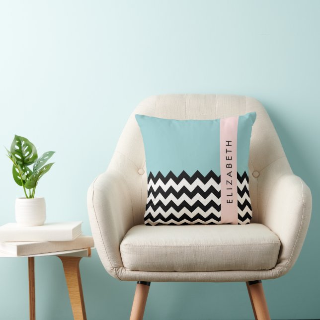 Black and White Zigzag, Chevron, Blue, Your Name Throw Pillow (Chair)