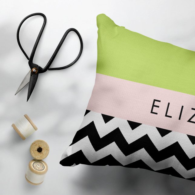 Black and White Zigzag, Chevron, Green, Your Name Accent Pillow (Creator Uploaded)