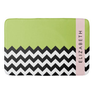 Black and White Zigzag, Chevron, Green, Your Name Bath Mat