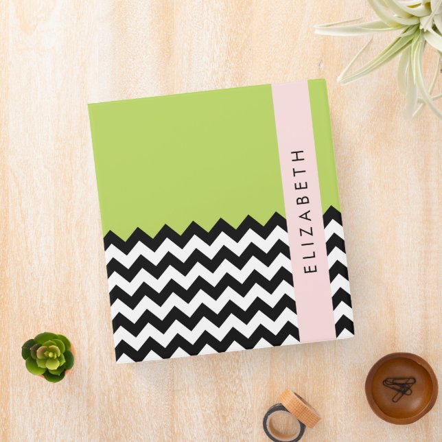 Black and White Zigzag, Chevron, Green, Your Name Binder (In Situ)