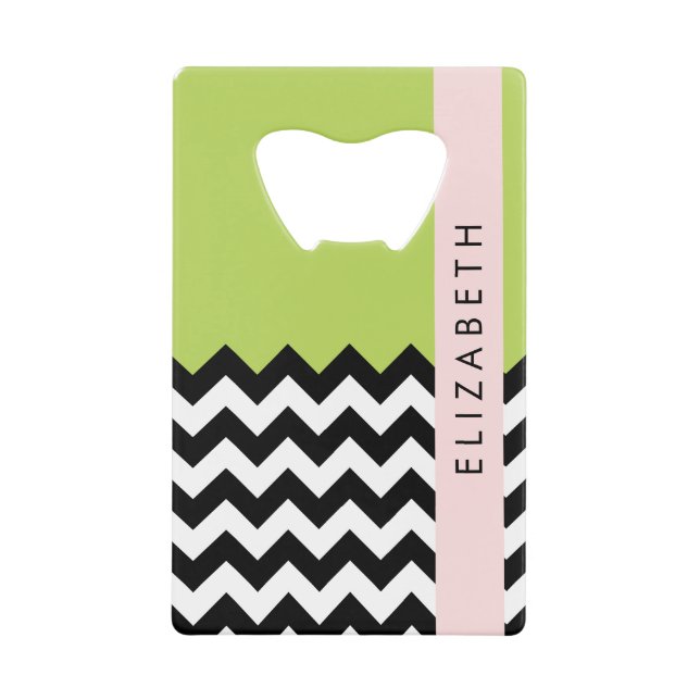 Black and White Zigzag, Chevron, Green, Your Name Credit Card Bottle Opener (Front)