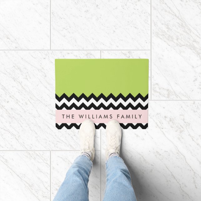 Black and White Zigzag, Chevron, Green, Your Name Doormat (Indoor)