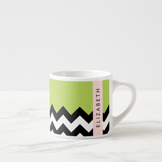 Black and White Zigzag, Chevron, Green, Your Name Espresso Cup (Right)