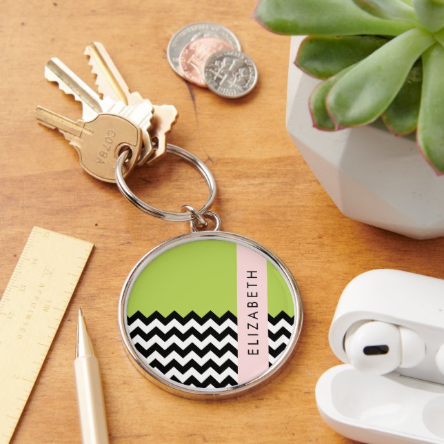 Black and White Zigzag, Chevron, Green, Your Name Keychain (Desk)