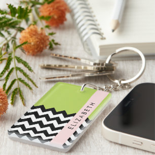 Black and White Zigzag, Chevron, Green, Your Name Keychain