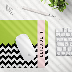 Black and White Zigzag, Chevron, Green, Your Name Mouse Pad