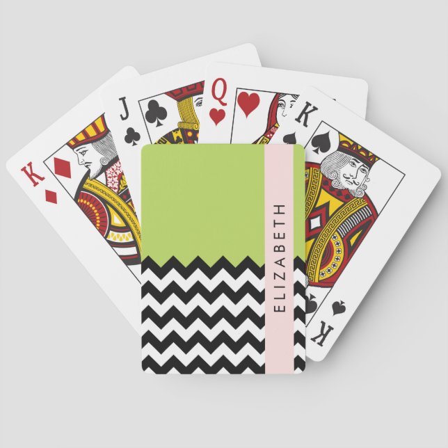 Black and White Zigzag, Chevron, Green, Your Name Playing Cards (Back)