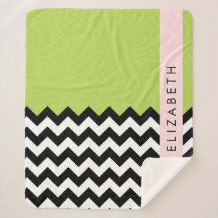 Black and White Zigzag, Chevron, Green, Your Name Sherpa Blanket