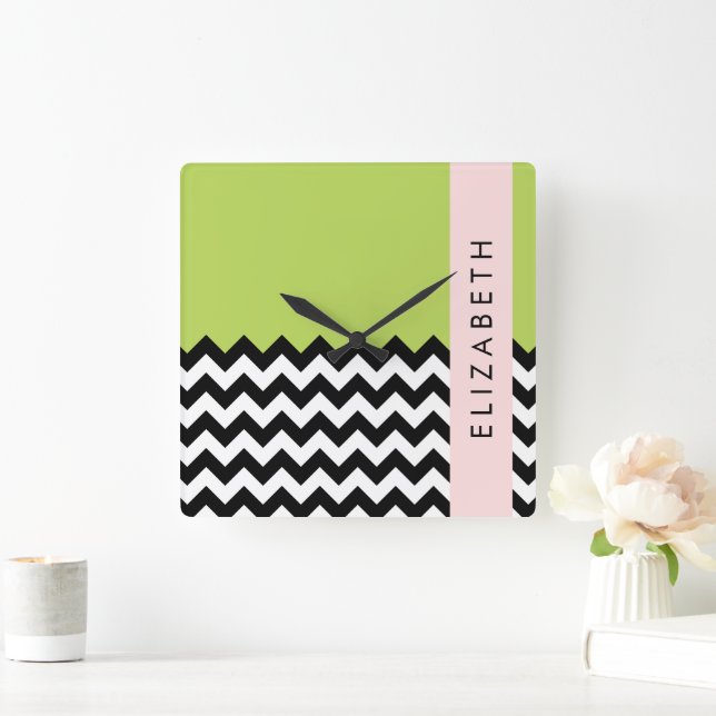 Black and White Zigzag, Chevron, Green, Your Name Square Wall Clock (Home)