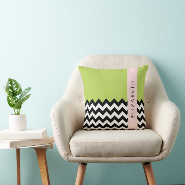 Black and White Zigzag, Chevron, Green, Your Name Throw Pillow (Chair)