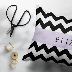 Black and White Zigzag, Chevron Pattern, Your Name Accent Pillow