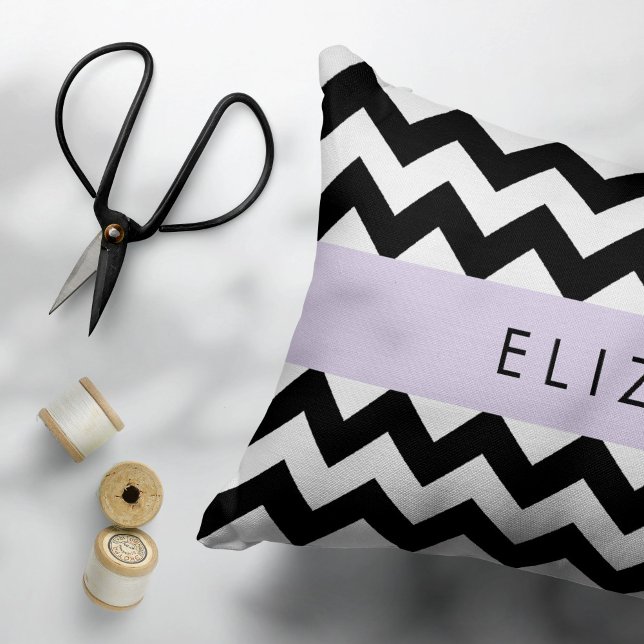 Black and White Zigzag, Chevron Pattern, Your Name Accent Pillow (Creator Uploaded)