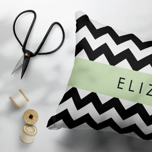 Black and White Zigzag, Chevron Pattern, Your Name Accent Pillow