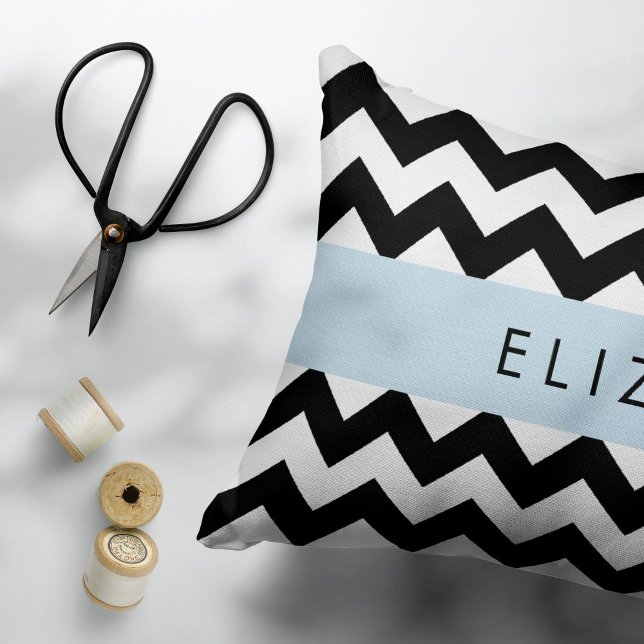 Black and White Zigzag, Chevron Pattern, Your Name Accent Pillow (Creator Uploaded)