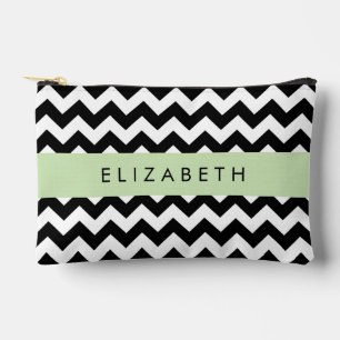 Black and White Zigzag, Chevron Pattern, Your Name Accessory Pouch