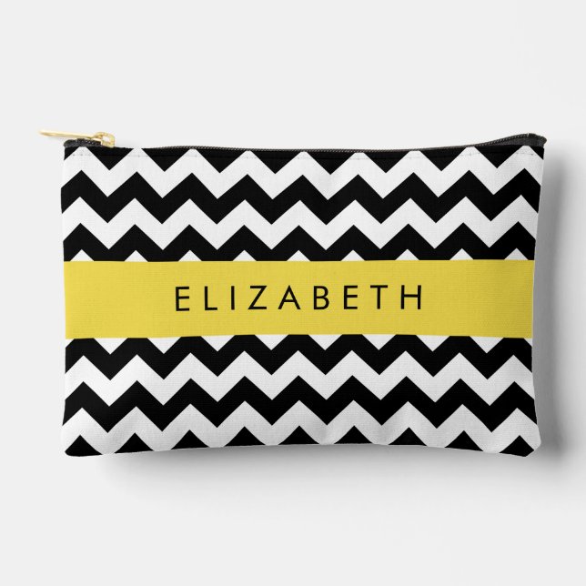 Black and White Zigzag, Chevron Pattern, Your Name Accessory Pouch (Front)