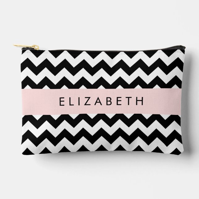 Black and White Zigzag, Chevron Pattern, Your Name Accessory Pouch (Front)
