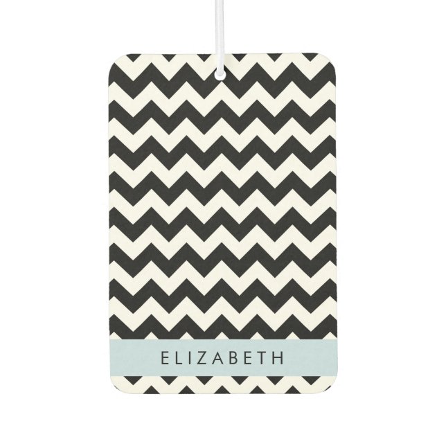 Black and White Zigzag, Chevron Pattern, Your Name Air Freshener (Front)