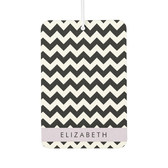 Black and White Zigzag, Chevron Pattern, Your Name Air Freshener (Front)
